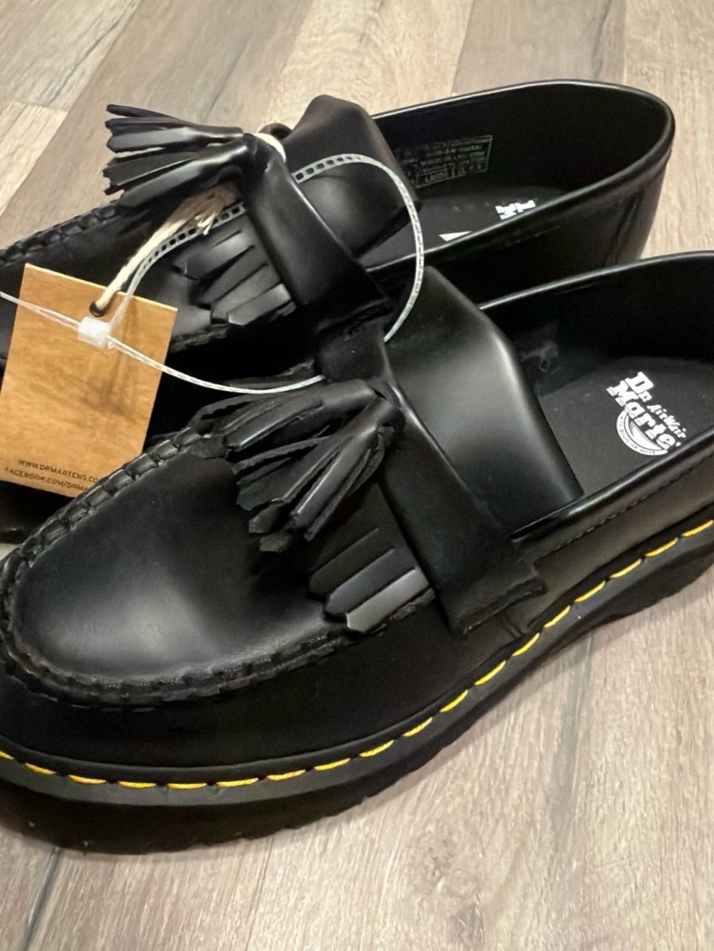 Dr. Martens Black Leather Tassel Kiltie Loafers with Yellow Stitching
